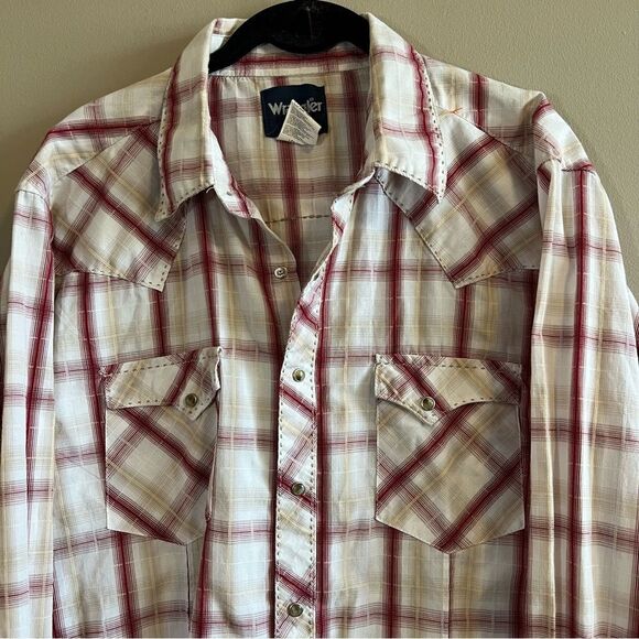 ✨ Wrangler Men’s White Maroon Plaid Pearl Snap Button Down Shirt Large - Picture 5 of 7
